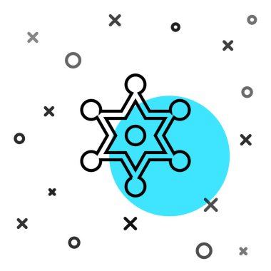 Siyah çizgi şerifi Hexagram simgesi beyaz arka planda izole edildi. Polis rozeti ikonu. Rastgele dinamik şekiller. Vektör.