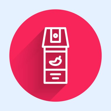 Uzun gölgeli beyaz çizgi biber gazı ikonu. OC gazı. Capsicum nefsi müdafaa spreyi. Kırmızı daire düğmesi. Vektör.