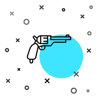 Siyah çizgi Revolver silah ikonu beyaz arkaplanda izole edildi. Rastgele dinamik şekiller. Vektör.