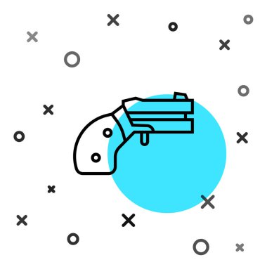 Siyah çizgi beyaz arka planda küçük silah tabancası simgesi izole edildi. Nefsi müdafaa için cep tabancası. Bayanlar tabancası. Casus silahı. Rastgele dinamik şekiller. Vektör.