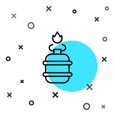 Siyah çizgi kamp gaz ocağı ikonu beyaz arka planda izole edilmiş. Taşınabilir gaz ocağı. Yürüyüş, kamp malzemeleri. Rastgele dinamik şekiller. Vektör.