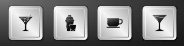 Martini bardağı, kokteyl, kahve fincanı ve ikon hazırla. Gümüş kare düğme. Vektör.