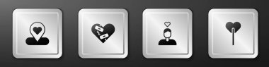 Yeri kalple belirle, iyileşmiş kırık, aşık çift ve lolipop ikonu. Gümüş kare düğme. Vektör.