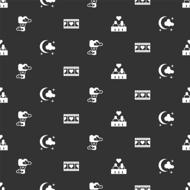 Çifti Aya, Ay 'a ve yıldızlara, romantik sıcak hava balonuna ve pürüzsüz bir şablona sahip kalple video oynamaya ayarlayın. Vektör.