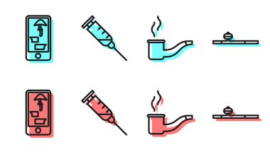 Hattı ayarla sigara içme, telefonla uyuşturucu satın alma, şırınga ve afyon çubuğu ikonu. Vektör.