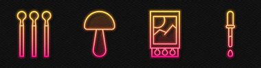 Kibrit kutusu ve kibrit kutusu, kibrit kutusu, Psilocybin mantarı ve Pipette 'i ayarla. Parlayan neon ikonu. Vektör.