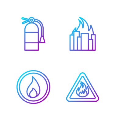 Yanan binalarda ateş, ateş alevi, yangın söndürücü ve yangın çıkartın. Renk simgeleri. Vektör.
