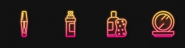 Bir şişe şampuan ve sünger, Mascara fırçası, parfüm ve aynalı makyaj tozu. Parlayan neon ikonu. Vektör.