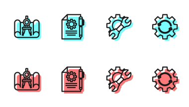 Satır anahtarı ve teçhizatı ayarla, Grafik kağıt pusula, Belge ayarları kalem ve Vites Okları çalışma akış simgesi. Vektör.