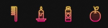 Krem ya da losyon kozmetik tüpü, saç fırçası, yanan mum ve elma. Parlayan neon ikonu. Vektör.