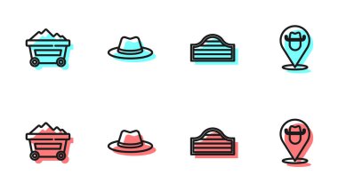 Bar kapısı, Kömür madeni tramvayı, kovboy şapkası ve konum ikonu. Vektör.
