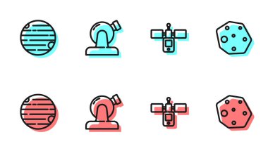 Uydu, Gezegen, Astronomik Gözlemevi ve Asteroit simgesini ayarla. Vektör.