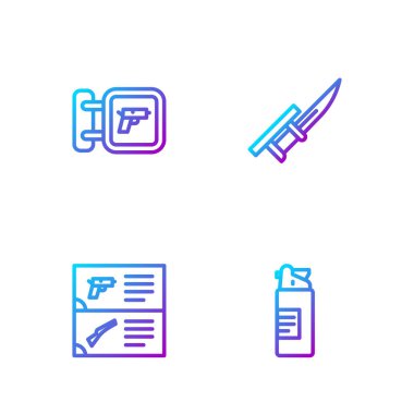 Hat hattı, yağ şişesi, katalog, av silahı ve süngü tüfeği. Renk simgeleri. Vektör.