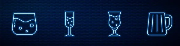 Set Linie Sticlă Bere Whisky Șampanie Cană Lemn Pictograma Strălucitoare — Vector de stoc