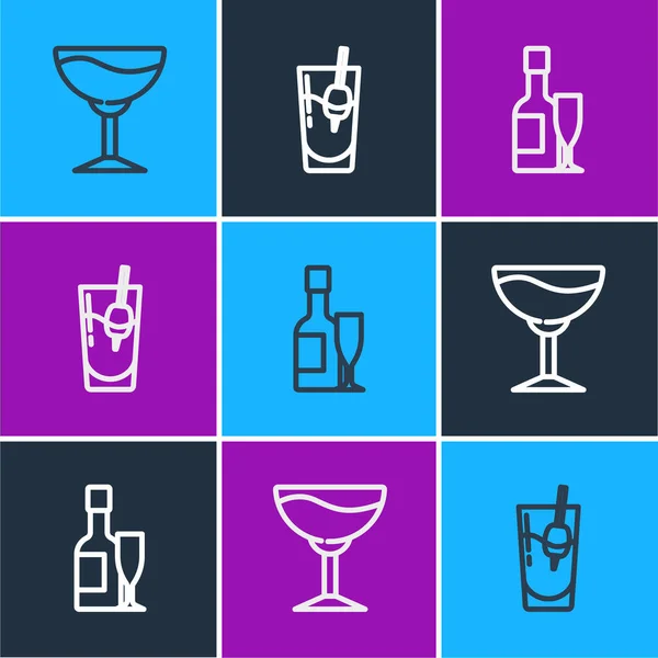 Set Lijn Wijnglas Champagne Fles Cocktail Bloody Mary Icoon Vector — Stockvector