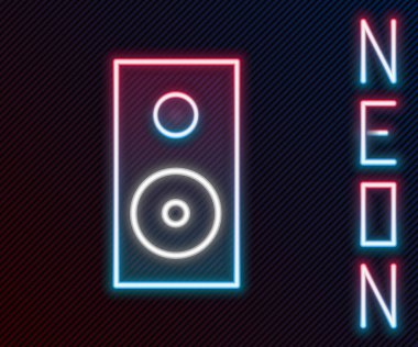 Parlayan neon hattı Stereo hoparlör simgesi siyah arkaplanda izole edildi. Ses sistemi hoparlörleri. Müzik ikonu. Müzikal sütun hoparlörü. Renkli taslak konsepti. Vektör İllüstrasyonu.