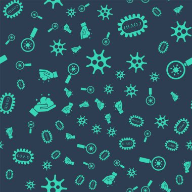 Virüsü, Corona virüsünü covid-19 'u, sabunla ve virüsle el yıkamayı büyüteç altında kusursuz desenlere ayarlayın. Vektör.