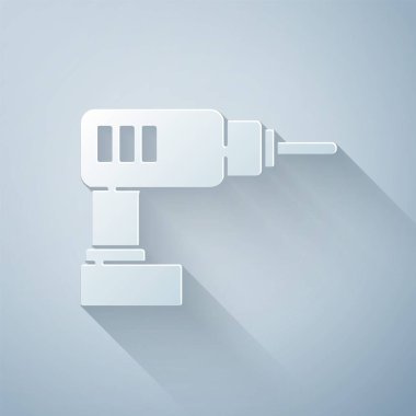 Kağıt kesiği elektrikli matkap simgesi gri arkaplanda izole edilmiş. Tamir aleti. Kağıt sanatı tarzı. Vektör İllüstrasyonu.