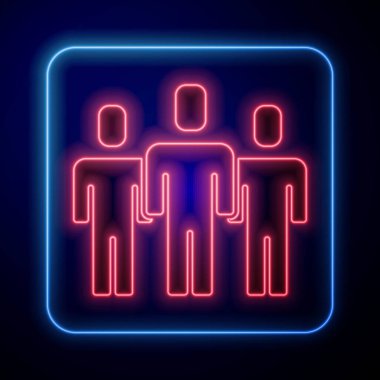 Parlayan neon kullanıcı grubu simgesi mavi arkaplanda izole edildi. Bir grup insan ikonu. İş simgesi - kullanıcı profili simgesi. Vektör.