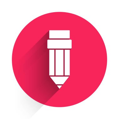 Silgi simgesine sahip beyaz kalem uzun gölgeli. Çizim ve eğitim araçları. Okul sembolü. Kırmızı daire düğmesi. Vektör.