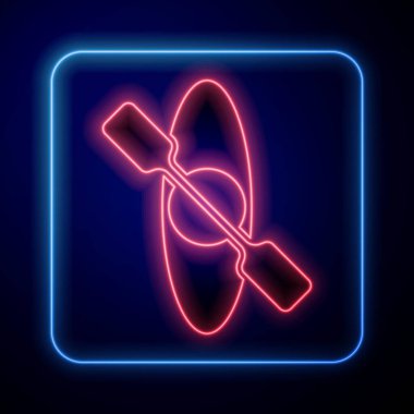 Parlayan neon kano ve kürek ikonu mavi arkaplanda izole edildi. Balıkçılık ve turizm için kano. Açık hava aktiviteleri. Vektör.