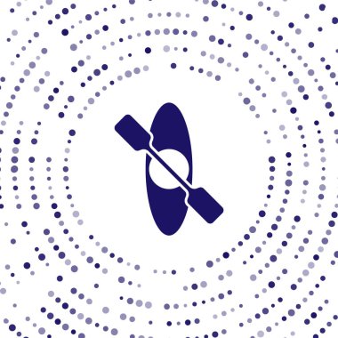 Mavi kano ve kürek simgesi beyaz arkaplanda izole edildi. Balıkçılık ve turizm için kano. Açık hava aktiviteleri. Soyut çember rastgele noktalar. Vektör.