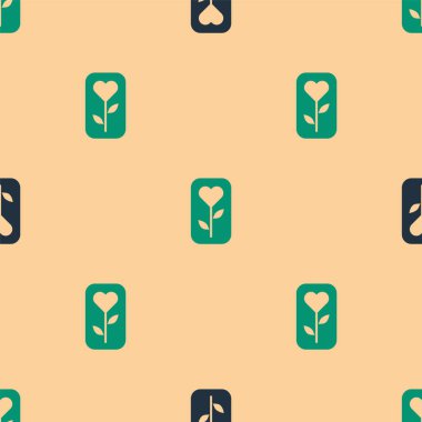 Yeşil ve siyah çiçek ikonu bej arka planda izole edilmiş pürüzsüz desen. Vektör.