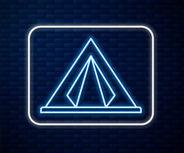 Parlayan neon hattı turist çadırı simgesi tuğla duvar arkasında izole edildi. Kamp sembolü. Vektör İllüstrasyonu.