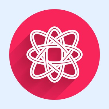 Beyaz çizgi Atom simgesi uzun gölgeli izole edildi. Bilimin, eğitimin, nükleer fiziğin, bilimsel araştırmaların sembolü. Kırmızı daire düğmesi. Vektör.