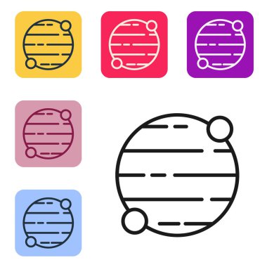 Siyah çizgi gezegen simgesi beyaz arkaplanda izole edildi. Renkli kare düğmelerle simgeleri ayarla. Vektör.