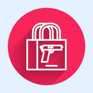 Beyaz çizgi uzun gölgeli silah tabancası ikonu alıyor. Silah satın alıyorum. Kırmızı daire düğmesi. Vektör.