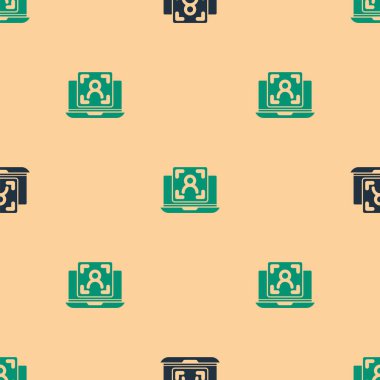 Yüz tanıma simgesine sahip yeşil ve siyah dizüstü bilgisayar bej arkaplandaki kusursuz deseni izole etti. Yüz tanımlama simgesi. Yüz tanıma. Siber güvenlik kavramı. Vektör.