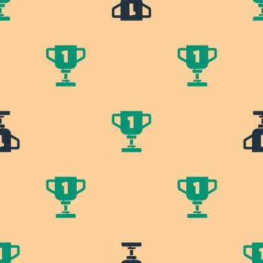 Yeşil ve siyah ödüllü kupa ikonu bej arka planda kusursuz desen izole etti. Galibiyet ödülü sembolü. Şampiyonluk ya da yarışma kupası. Spor başarısı işareti. Vektör.