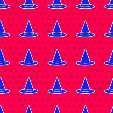 Mavi Cadı şapkası simgesi kırmızı arkaplanda izole edilmiş. Mutlu Cadılar Bayramı Partisi. Vektör.