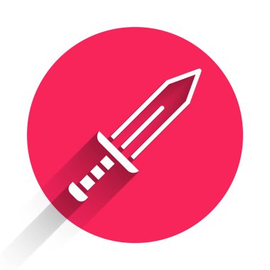 Beyaz Kılıç simgesi uzun gölgelerle izole edildi. Ortaçağ silahı. Kırmızı daire düğmesi. Vektör.