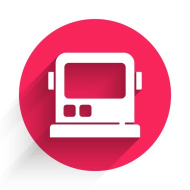 Beyaz Astronot miğferi ikonu uzun gölgeli izole edilmiş. Kırmızı daire düğmesi. Vektör.