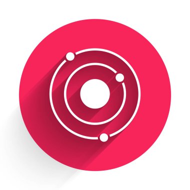 Beyaz Güneş Sistemi simgesi uzun gölgeyle izole edildi. Gezegenler yıldızın etrafında dönerler. Kırmızı daire düğmesi. Vektör.