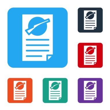 Beyaz Ateşli Silahlar lisans simgesi beyaz arka planda izole edildi. Silah ruhsatı. Renkli kare düğmelerle simgeleri ayarla. Vektör.