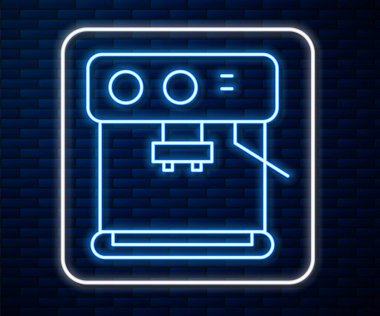 Parlayan neon hattı kahve makinesi simgesi tuğla duvar arkasında izole edilmiş. Vektör İllüstrasyonu.