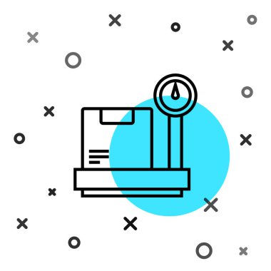 Beyaz arkaplanda izole edilmiş karton kutu simgesiyle siyah çizgi ölçeklendirmesi. Lojistik ve teslimat. Dağıtım paketinin ağırlığı bir ölçekte. Rastgele dinamik şekiller. Vektör İllüstrasyonu.