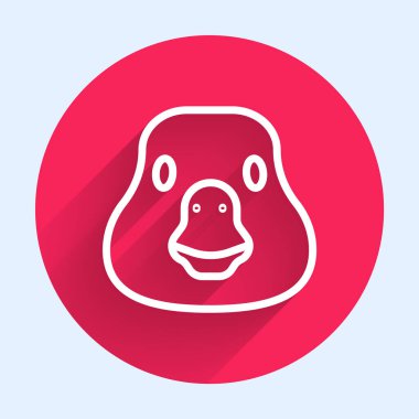 Beyaz çizgi Kaz ikonu uzun gölgeli izole edilmiş. Hayvan sembolü. Kırmızı daire düğmesi. Vektör.