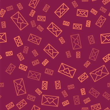 Kahverengi çizgi Zarfta Sevgililer Günü kalp ikonu var. Kırmızı arkaplanda pürüzsüz desen var. Mesaj aşkım. Aşk ve romantizm mektubu. Vektör.