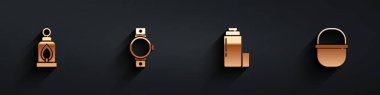 Kamp fenerini, Smartwatch 'ı, termos kabını ve uzun gölgeli tencere ikonunu ayarlayın. Vektör.