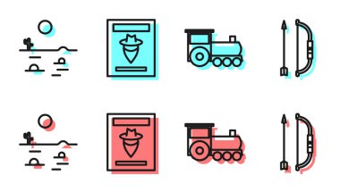 Retro treni, kaktüslü çöl manzarası, istenen batı posteri ve ok ve yay ikonu. Vektör.