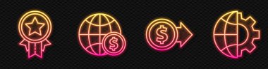 Paraları dolarla, madalyaları yıldızla, Dünya 'yı dolarla, Globe of the Earth' ü ve ekipmanlarla donatın. Parlayan neon ikonu. Vektör.