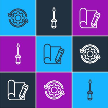 Satır Dişlileri ve okları iş akışı, grafik kağıt kalem ve tornavida simgesi olarak ayarla. Vektör.