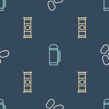 Tavuk külçeleri, çikolatalar ve termos kabını pürüzsüz desenlere göre ayarla. Vektör.