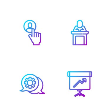 Çizgi tahtasını diyagram, konuşma balonu sohbeti, kafa avcılığı ve konuşmacı ile ayarla. Renk simgeleri. Vektör.