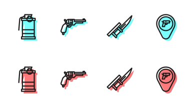 Süngüyü tüfeğe, el bombasına, Revolver tabancasına ve silah ikonlu konuma ayarlayın. Vektör.