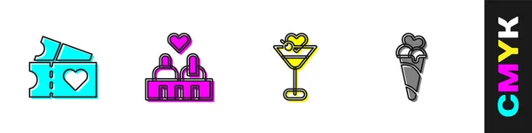 Set Love Ticket Verliebtes Paar Martini Glas Und Eis Waffelkegel — Stockvektor